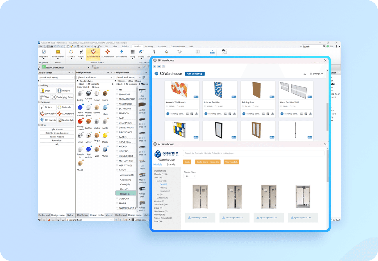 Interface do ARCHLine.XP com biblioteca de objetos
